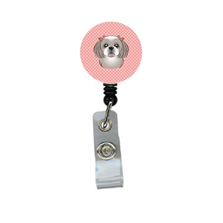 Teacher&Aposs Aid Checkerboard Pink Gray Silver Shih Tzu Retractable Badge Reel TE3439790